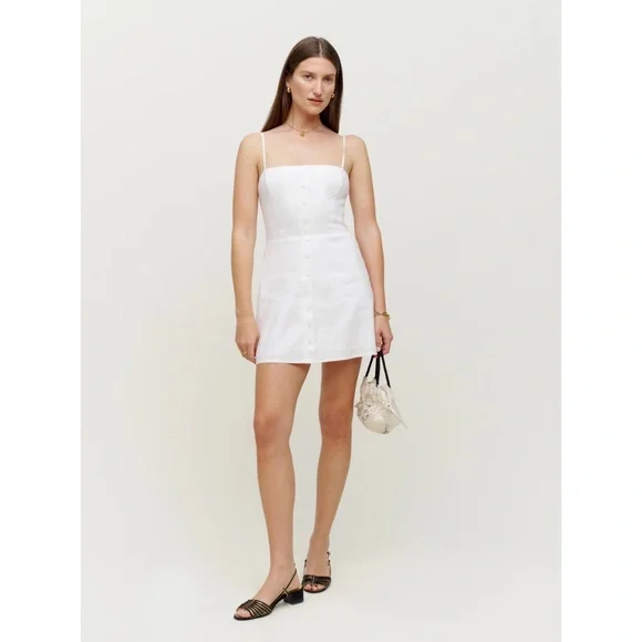 NWT REFORMATION Huckleberry Linen Button Front Mini Dress in White Sz 6